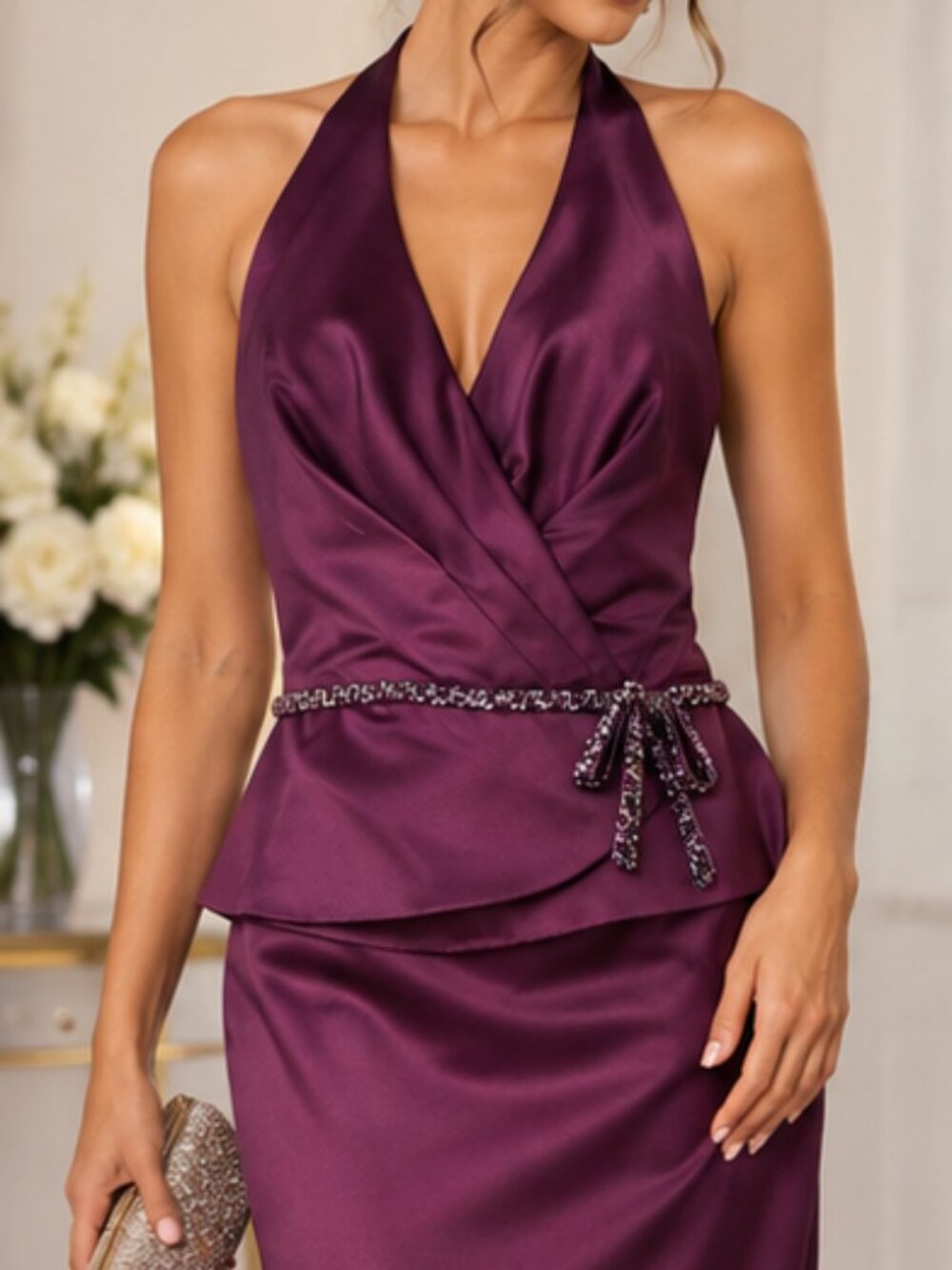 NWT Jordan Fashions Eggplant Satin Halter Evening Gown – Size 10